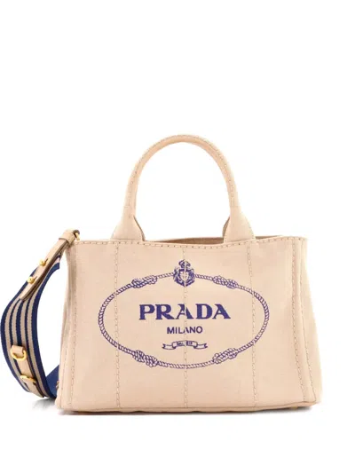 Pre-owned Prada Canapa Convertible Canvas Mini Tote Bag In Neutral