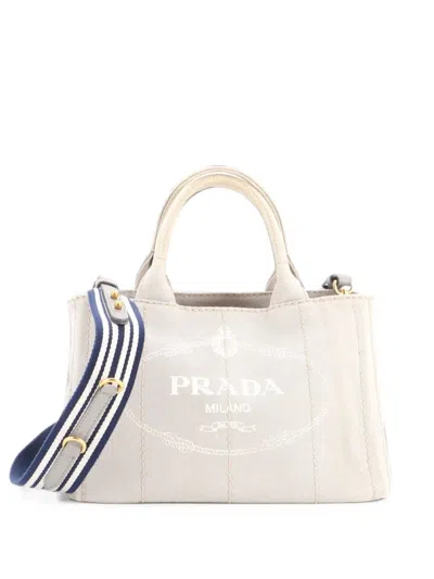 Pre-owned Prada Canapa Convertible Canvas Mini Tote Bag In Neutrals