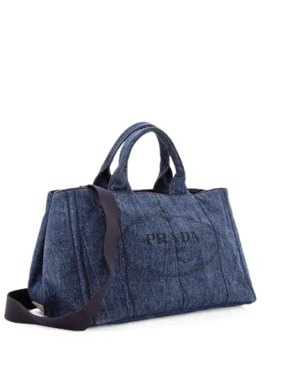 Pre-owned Prada Canapa Convertible Denim Medium Tote Bag In Blue