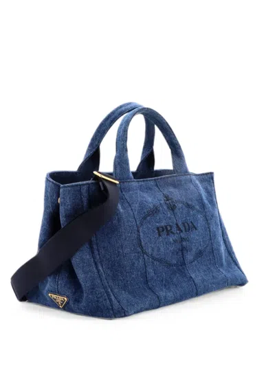 Pre-owned Prada Canapa Convertible Denim Medium Tote Bag In Blue