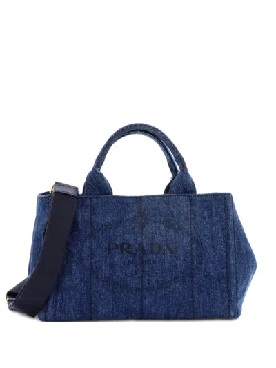 Pre-owned Prada Canapa Convertible Denim Mini Tote Bag In Blue