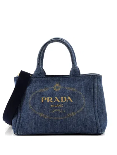 Pre-owned Prada Canapa Convertible Denim Mini Tote Bag In Blue