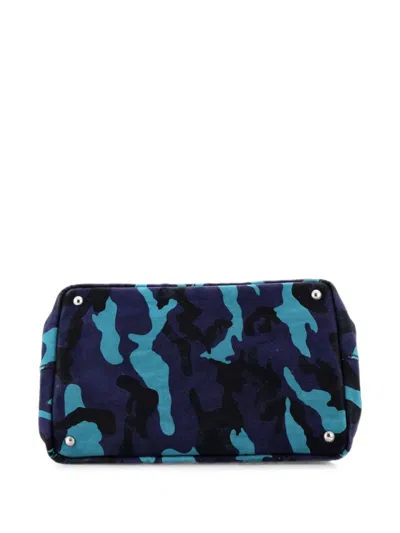 Pre-owned Prada Canapa Convertible Printed Canvas Medium Tote Bag In Blue