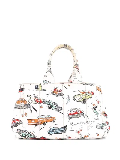 Pre-owned Prada Canapa Convertible Printed Canvas Medium Tote Bag In Neutral