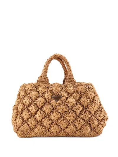 Pre-owned Prada Canapa Convertible Raffia Crochet Medium Tote Bag In Brown