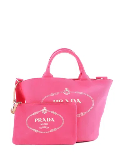 Pre-owned Prada Canapa Convertible Shopping Tote Canvas Medium Bucket Bag In Pink