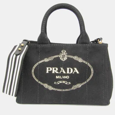 Pre-owned Prada Canapa Denim Handbag Shoulder Bag Black White