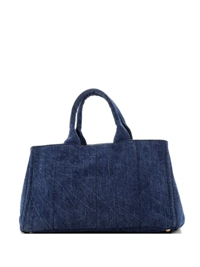 Pre-owned Prada Canapa Denim Large Tote Bag In Blue