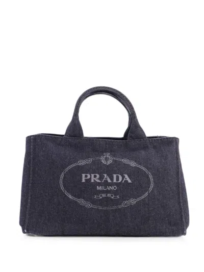 Pre-owned Prada Canapa Denim Large Tote Bag In Blue