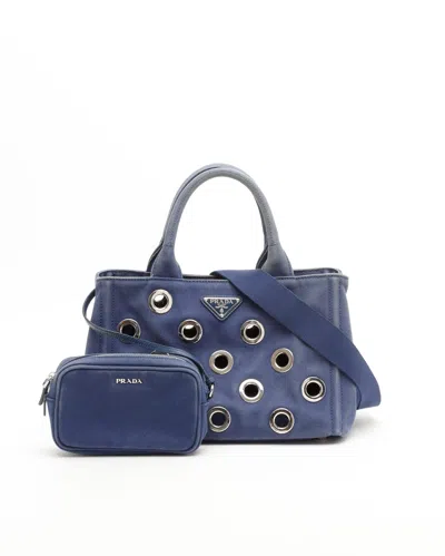 Prada Canapa Grommet Tote Bag In Blue