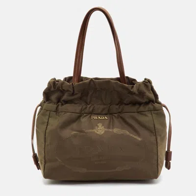 Pre-owned Prada Canapa Logo Tessuto Khaki Brown Nylon And Leather Drawstring Tote