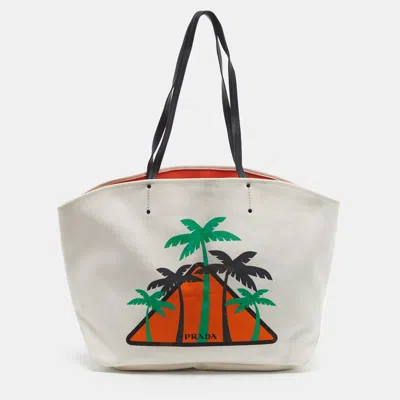 Pre-owned Prada Canapa Palm Tree White/oranga Canvas Tote