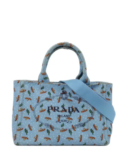 Pre-owned Prada Canapa Printed Tote Bag In Blue