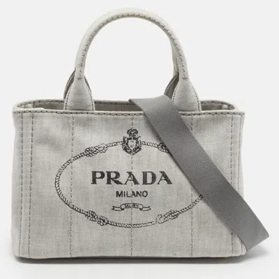 Pre-owned Prada Canapa Small Grey Denim Tote In Gray