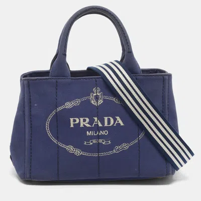 Pre-owned Prada Canapa Stripe Dark Blue Denim Tote