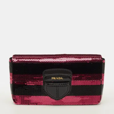 Pre-owned Prada Canapa Stripe Pink/black Patent Leather And Sequins Clutch