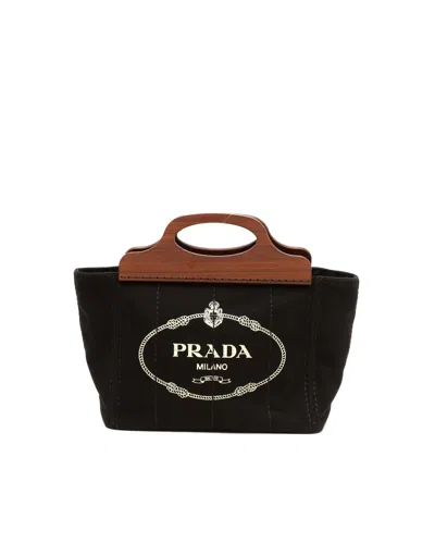 Prada Canapa Wood Handle Bag In Black