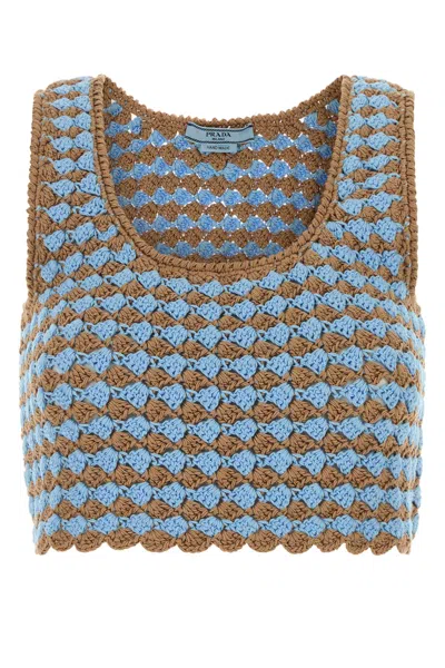 Prada Crochet Sleeveless Crop Top With Scoop Neck In Blue