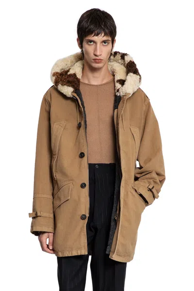 Prada Canvas And Shearling Parka In Sand