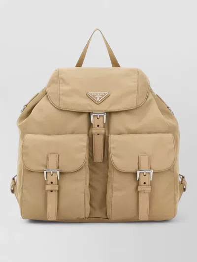 Prada Canvas Backpack Front Pockets Adjustable Straps In Neutral