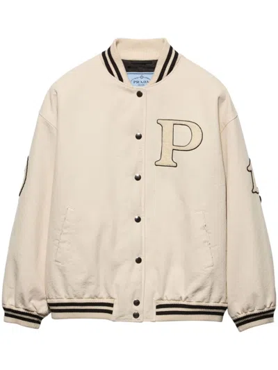 Prada Canvas Bomber Jacket With Patches In Beige