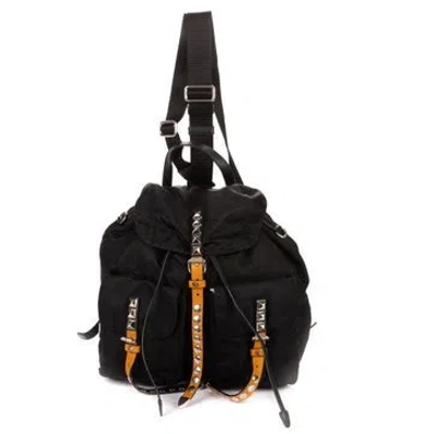 Pre-owned Prada Canvas Double Pockets Studded Backpack In Black