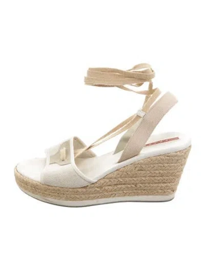 Pre-owned Prada Canvas Embroidered Accent Espadrilles In Neutral