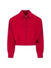 Prada Pocketed Collar Cropped Ribbed Jacket In Red