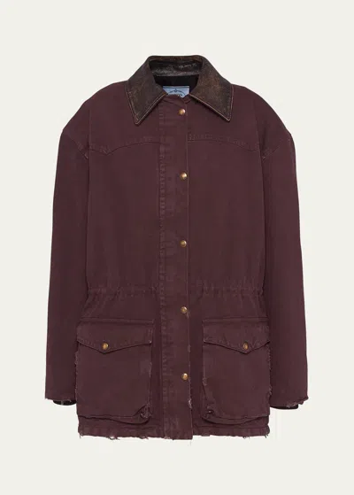 Prada Canvas Jacket With Leather Collar In F0an6 Bordeaux