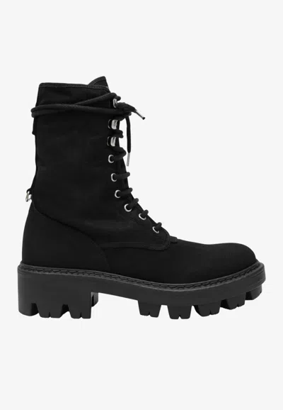 Prada Canvas Lace-up Ankle Boots In Black