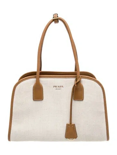 Pre-owned Prada Canvas Linen Tote Medium In Neutral