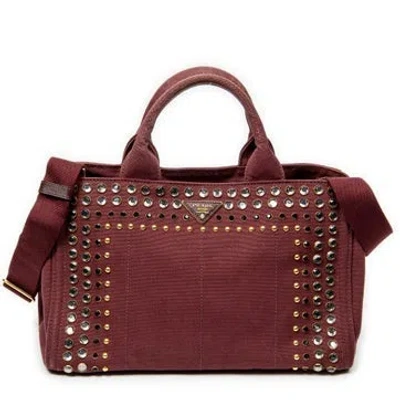 Pre-owned Prada Canvas Medium Rhinestone Canapa Tote In Burgundy