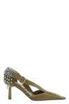 Prada Canvas Pumps Slingback Pointed Toe Embellished Heel In Green