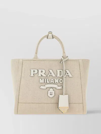 Prada Canvas Shopping Bag With Leather Logo Patch In Black