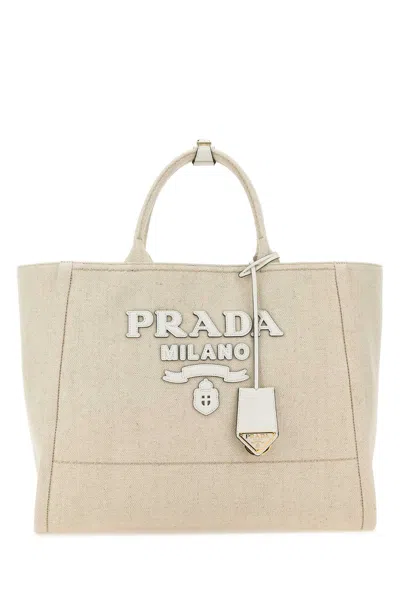 Prada Canvas Shopping Handbag, 39 X 30 X 16 Cm With 12 Cm Handle Drop In Beige O Tan