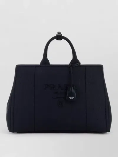 Prada Canvas Shopping Shoulder Bag Detachable Tag In Black