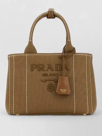 Prada Canvas Shoulder Bag Structured Shape Top Handles In Brown