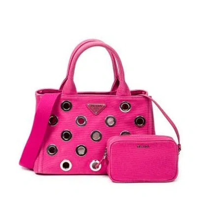 Pre-owned Prada Canvas Small Grommet Canapa Tote In Pink