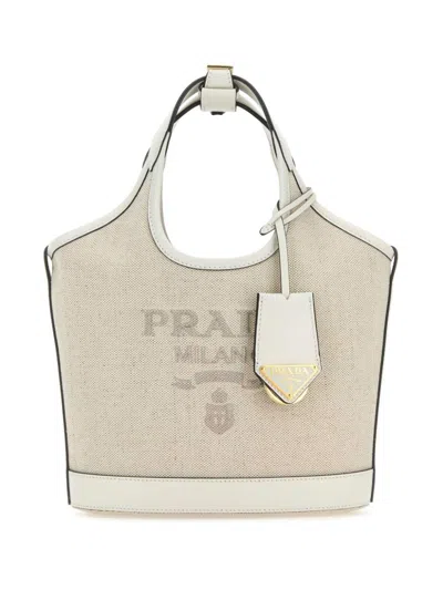 Prada Textured Fabric Shoulder Bag With Top Handle In Neutral