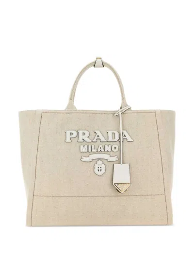 Prada Large Logo-appliqué Tote Bag In Neutrals