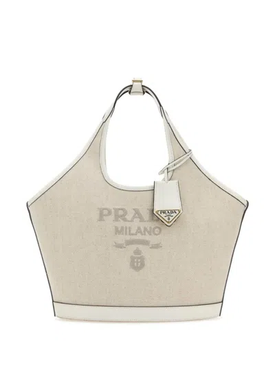 Prada Canvas Top Handle Shoulder Bag In Beige O Tan