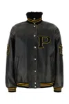 Prada Leather Jacket With Embroidered Patches And High Collar