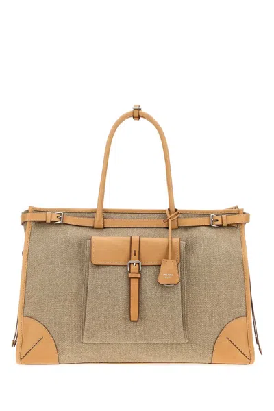 Prada Structured Travel Bag Contrast Trim Top Handle In Brown