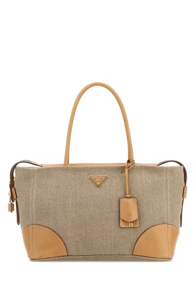 Prada Cappuccino Canvas Shopping Bag In Neutral