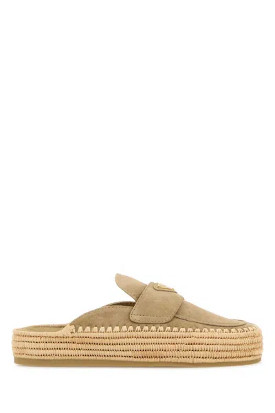 Prada Suede Slippers With Espadrille Sole And Round Toe In Brown