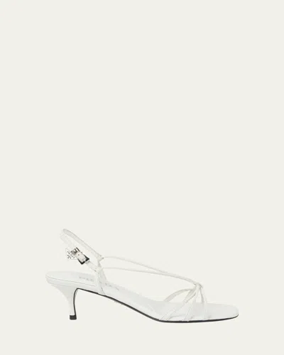 Prada Capretto Strappy Leather Sandals With Triangle Logo Charm In White