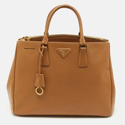 Pre-owned Prada Caramel Brown Saffiano Lux Leather Large Galleria Double Zip Tote