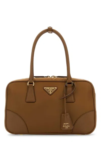 Prada Caramel Canvas Medium Re-edition 1978 Handbag In Brown