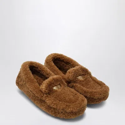 Prada Caramel Coloured Sheepskin Driver Loafer In Beige