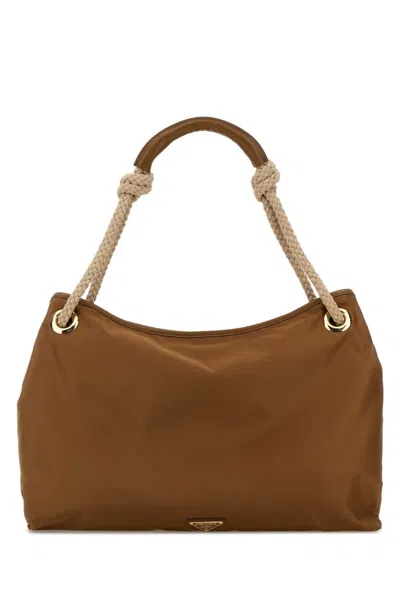 Prada Fabric Shoulder Shopping Bag Gold Tone Hardware In Brown